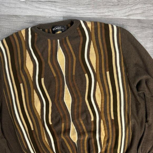 Vintage 90s 3D Knit Brown Striped Crewneck Sweater Size Large - Picture 2 of 5